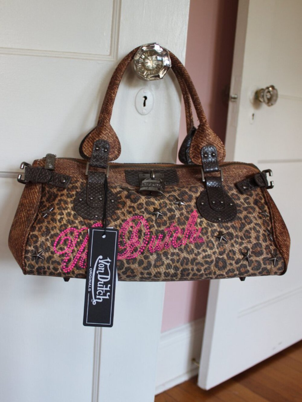 Von Dutch Bree Leopard Shoulder Bag Pink Logo Star Studded Y2K NWT